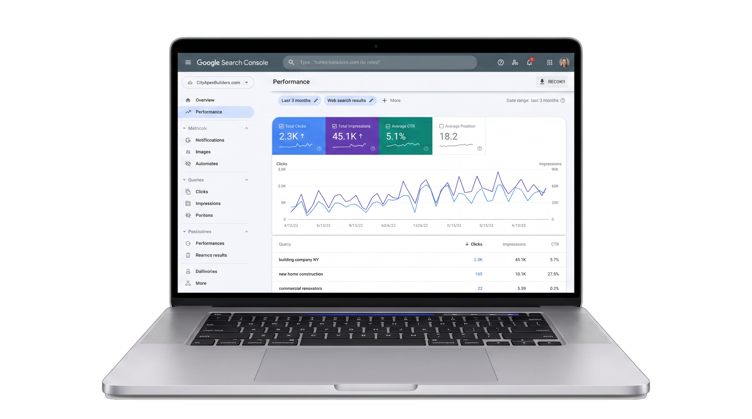 Google Search Console performance mockup for a building business